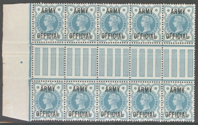 1896 Army Official ½d Blue Green  SG 042  A Fresh U/M Gutter block of 10. Scarce as such folded in margin