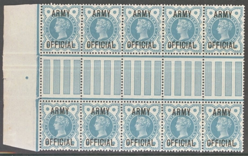 1896 Army Official ½d Blue Green  SG 042  A Fresh U/M Gutter block of 10. Scarce as such folded in margin