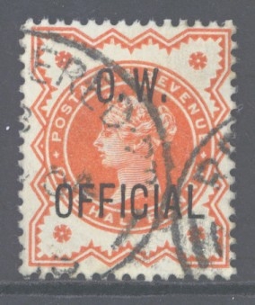 1896 O.W. Official ½d Vermillion SG 031. A Very Fine Used example