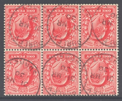 1902 1d Bright Scarlet variety Inverted Watermark SG 220wi A Superb Used Block of 6