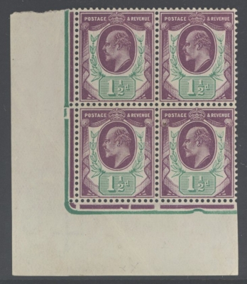 1902 1½d Slate Purple + Bluish Green SG 224 A Superb Extra Fresh U/M corner Block of 4. Cat £300