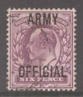1902 Army Official  6d Pale Dull Purple SG 050. A Very Fine Used example