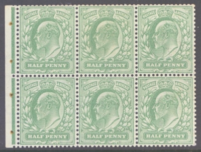 1902 ½d Yellow Green Booklet Pane of 6  SG 218c  A Fresh U/M pane with Good Perfs. Cat £375