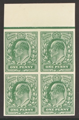 1902 1d Imperf Plate Proof in Green A Fresh marginal Block of 4