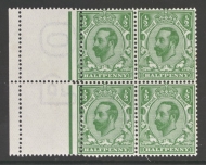 1911 ½d Green SG  A Marginal  U/M Block of 4 with left hand vertical perfs misplaced resulting in 2 narrow stamps