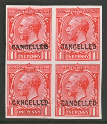 1912 1d Scarlet Imperf and Cancelled U/M Block of 4