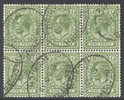 1912 9d Olive Green SG 393a. A Fine Used Block of 6