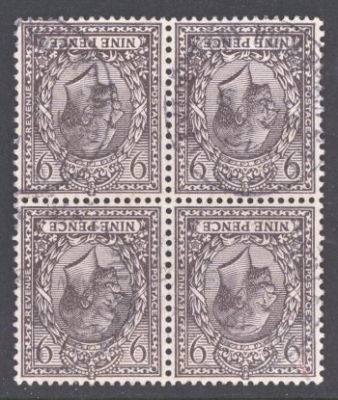 1912 9d Agate SG 392i Variety Inverted watermark. A very fine used block of 4. Cat £700+ 