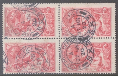 1918 5/- Rose Red SG 416 A Fine Used Block of 4 cancelled by Army CDS example