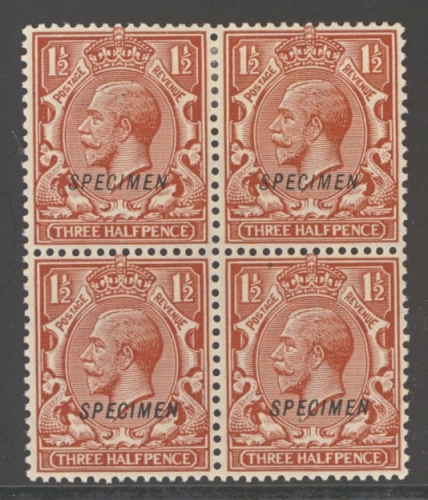 1924 1½d Brown SG 420s A Fresh M/M Block of 4 (2 U/M) overprinted Specimen Type 26