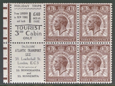 1929 1½d PUC Booklet pane with advertising labels. SG 436b  Fresh U/M