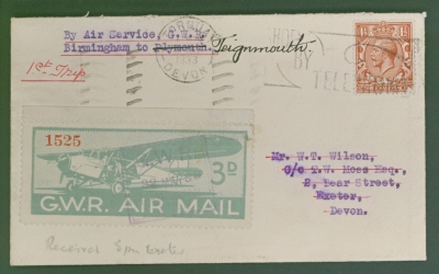 1933 22th May Great Western Railway Air Services First Flight - Birmingham to Teignmouth with GWR 3d Stamp