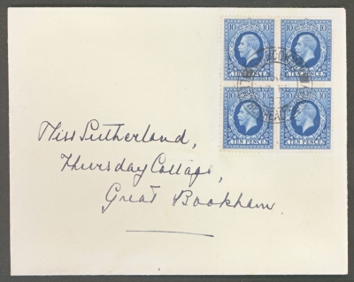 1934 10d Blue SG 448 A very fine used block of 4 on Cover