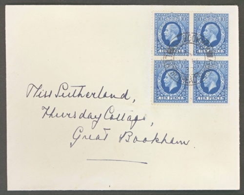 1934 10d Blue SG 448 A very fine used block of 4 on Cover