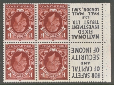 1934 1½d Red Brown x 4 + 2 Labels booklet pane small format with Inverted watermark. SG Spec NB27a  A Fresh U/M example. Cat £275