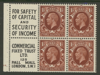 1934 1½d Red Brown x 4 + 2 Labels booklet pane Cyl G24. with Upright watermark. SG 441ew  A Fresh Lightly M/M example with above average perfs. Cat £200