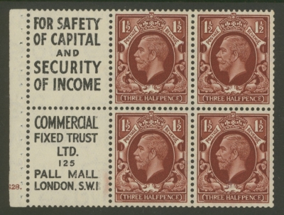 1934 1½d Red Brown x 4 + 2 Labels booklet pane Cyl G28 with Upright watermark. SG 441ew  A Fresh example with Good perf…