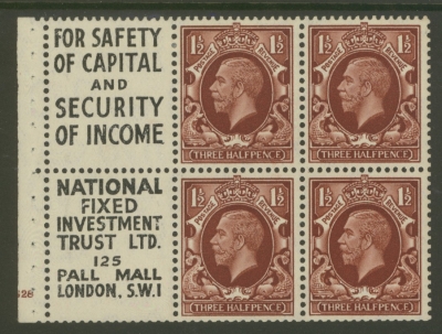 1934 1½d Red Brown x 4 + 2 Labels booklet pane Cyl G28. with Upright watermark. SG 441ew  A Fresh example with good per…