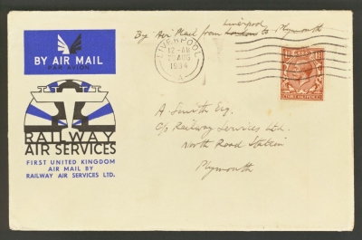 1934 20th Aug 1st UK Air Mail by Railway Air Services Ltd - Liverpool - Plymouth
