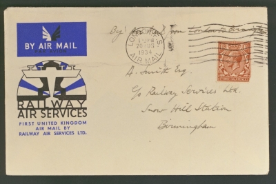 1934 20th Aug 1st UK Air Mail by Railway Air Services Ltd - London - Birmingham