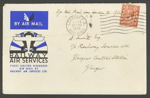 1934 20th Aug 1st UK Air Mail by Railway Air Services Ltd - London to Glasgow 