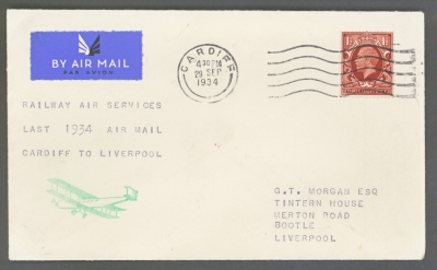 1934 29th Sep Last UK Air Mail by Railway Air Services Ltd.  Cardiff - Liverpool