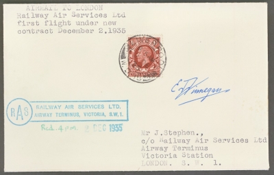 1935 2nd Dec First Flight by Railway Air Service under new contract from Liverpool to London with Railway Airway Terminus, Victoria arrival cachet. Signed by the pilight.s to Devon with 3d PrePaid Newspaper Parcel stamp