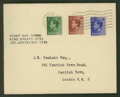 1936 ½d 1d + 2½d King Edward V111 on plain First Day Cover cancelled by a London machine cancel