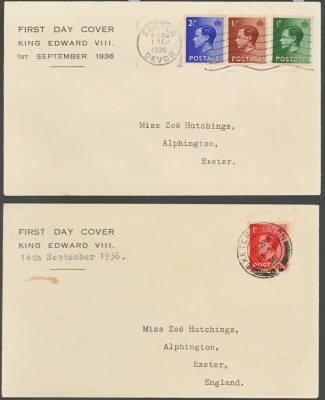 1936 ½d 1d + 2½d King Edward V111 on Printed First Day Covers cancelled by Exeter machine and Exeter CDS cancel 