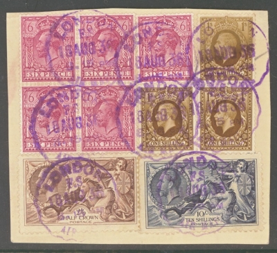 KG V 1936 stamps on small piece with a face value of 18/- cancelled by purple Airmail cancels Jubilee Set on piece cancelled on the First Day of Issue
