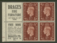 1937 1½d Red Brown x 4 + 2 Labels booklet pane Cyl G18 with Upright watermark. SG 464b  A Fresh M/M example with Good Perfs.