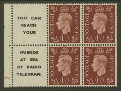 1937 1½d Red Brown x 4 + 2 Labels booklet pane Cyl G18 with Upright watermark. SG 464b  A Fresh M/M example with Good P…