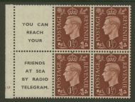 1937 1½d Red Brown x 4 + 2 Labels booklet pane Cyl G37 with Upright watermark. SG 464b  A Fresh U/M example with Good Perfs. Cat £180