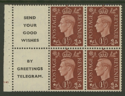 1937 1½d Red Brown x 4 + 2 Labels booklet pane Cyl G41 with Upright watermark. SG 464b  A Fresh example with Good Perfs…