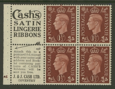 1937 1½d Red Brown x 4 + 2 Labels booklet pane Cyl G46 with Upright watermark. SG 464b  A Fresh example with Good Perfs…