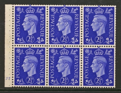 1937 2½d Ultramarine Booklet pane of 6 with J5 Cyl