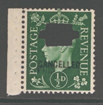 1937 1½d Green SG 462 overprinted Cancelled + Punched. A fresh U/M example