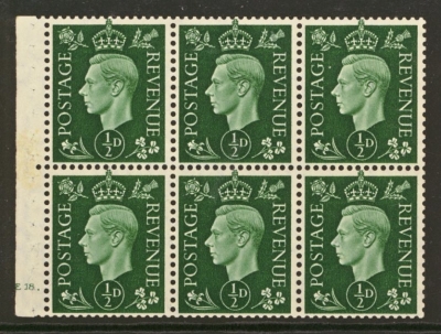 1937 ½d Green Booklet pane of 6 with E18 Cyl