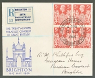 1946 Brighton philatelic Congress cover with a block of 4 of the 5/-