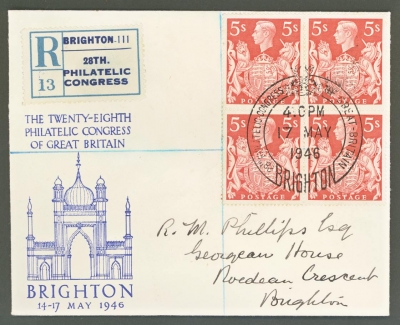 1946 Brighton philatelic Congress cover with a block of 4 of the 5/-