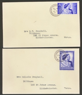 1948 Silver Wedding set on a 2 plain Typed first day covers with a Kidderminster CDS