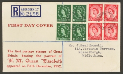 1952 5th Dec  1½d + 2½d in Blocks of 4 on Illustrated First Day Cover with Aberdeen CDS