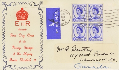 1953 2nd Nov  4d Ultramarine Block of 4 on Illustrated First Day Cover cancelled Malvern 