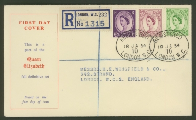 1954 18th July Tudor 3d, 6d + 7d on illustrated FDC with Typed address cancelled by a London Registered 