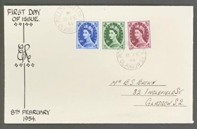 1952 8th Feb 9d 10d + 11d on Hand illustrated First Day Cover with Glasgow CDS