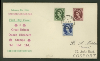 1952 8th Feb 9d 10d + 11d on illustrated First Day Cover with Gosport CDS