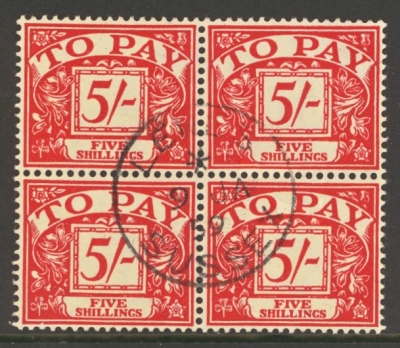 1955 Edward Wmk 5/- Scarlet  Postage Due SG D55 Superb Used block of 4
