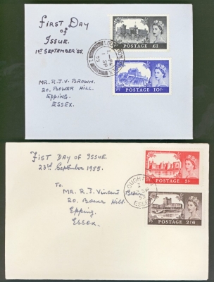 1955 Waterlow Castle High Value set on 2 First Day Covers