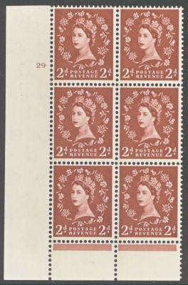 1960 2d Red Brown with one Blue phos Band SG 613 U/M Cylinder Blocks of 6.