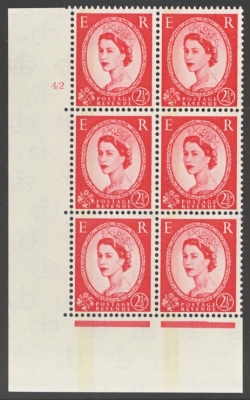 1960 2½d Red Type 1 with one Blue phos Band SG 614b U/M Cylinder Block of 6